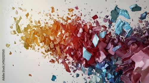Dispersed fragments of color and form fusing into one cohesive abstract composition