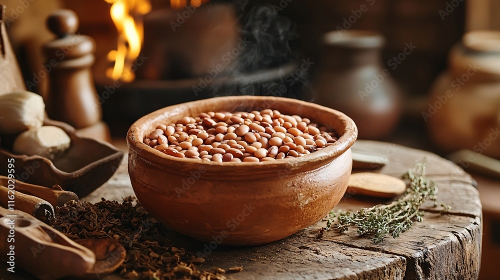 Pinto beans cooking over an open flame in a clay pot, surrounded by rustic kitchen tools and dried herbs Pinto beans cooking over an open flame in a clay pot, surrounded by rustic kitchen tools and dried herbs