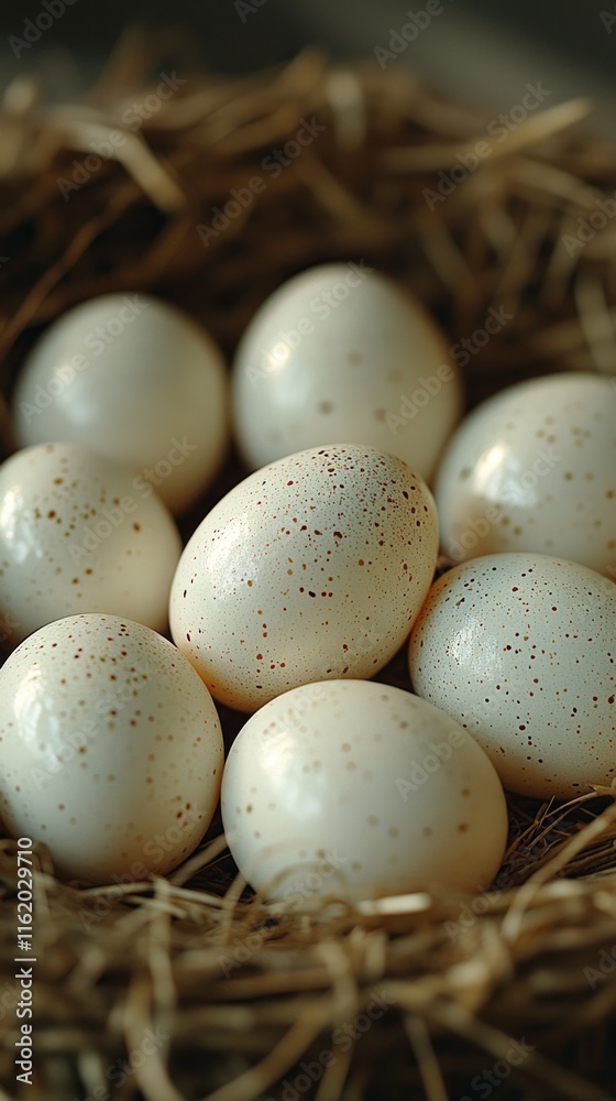 Close-up of speckled bird eggs in a nest. Close-up of speckled bird eggs in a nest.