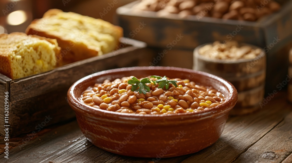 Pinto beans served in a terracotta bowl, with a side of cornbread and a backdrop of weathered wooden crates Pinto beans served in a terracotta bowl, with a side of cornbread and a backdrop of weathered wooden crates