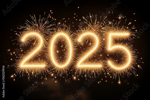 Glowing golden 2025 text formed by fireworks with vibrant sparks on a dark background, celebrating the New Year, festive concept. Ai generative photo
