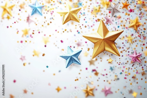 Colorful stars and confetti on white background.