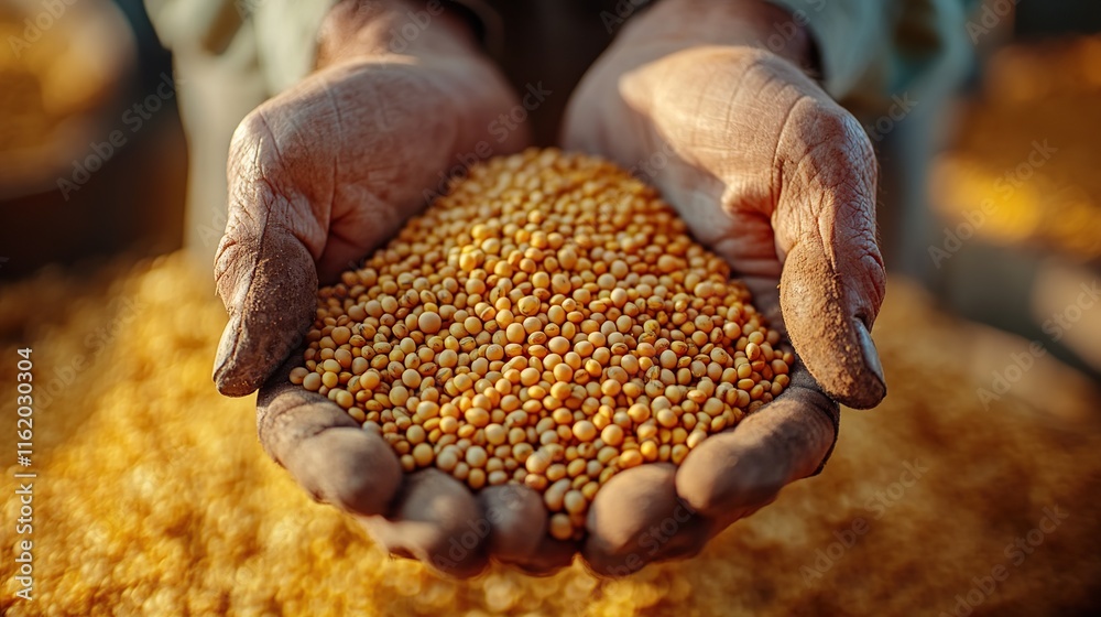 Close-up of farmer's hands holding golden fertilizer granules. Close-up of farmer's hands holding golden fertilizer granules.