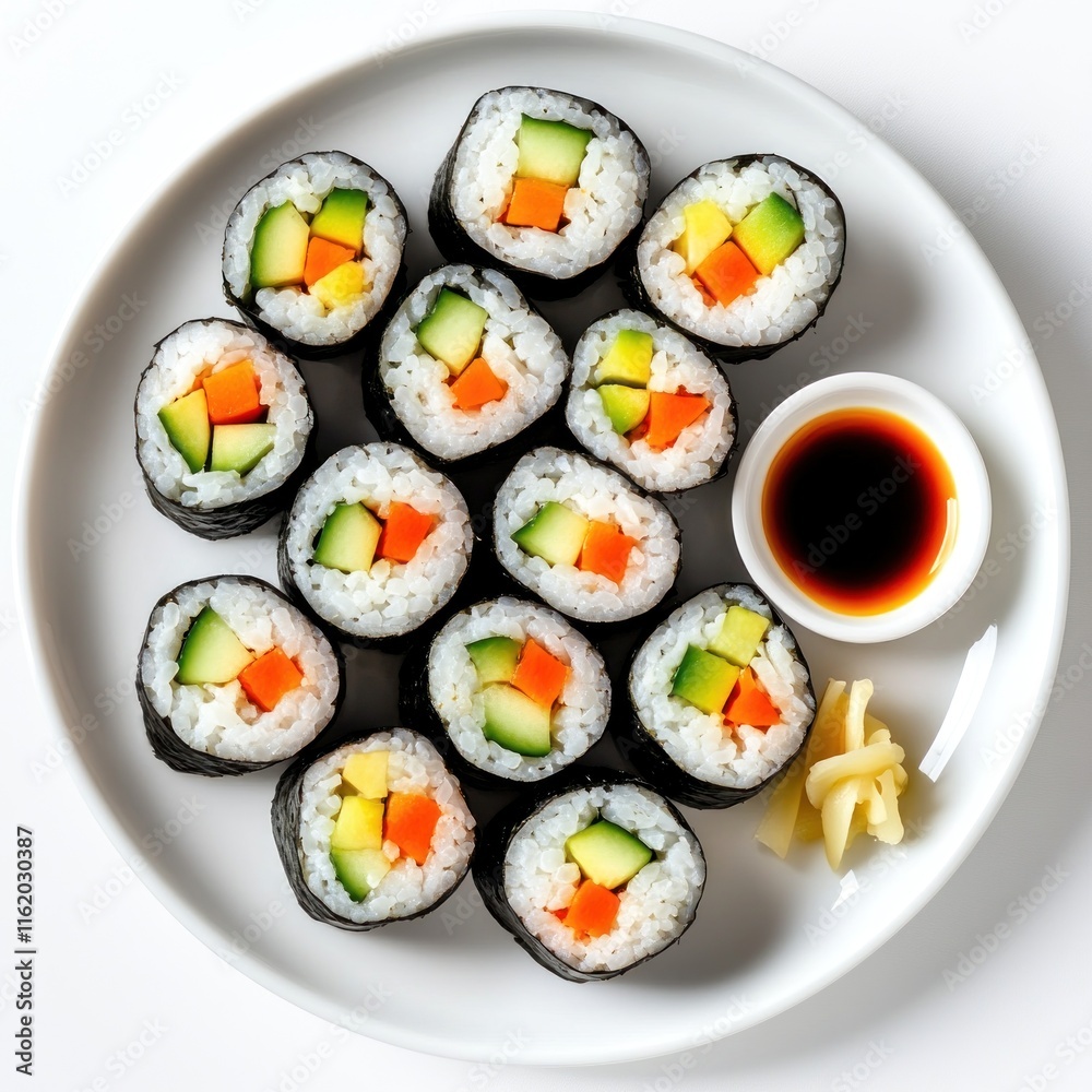 Twelve pieces of vegetarian sushi rolls with soy sauce and wasabi. Twelve pieces of vegetarian sushi rolls with soy sauce and wasabi.