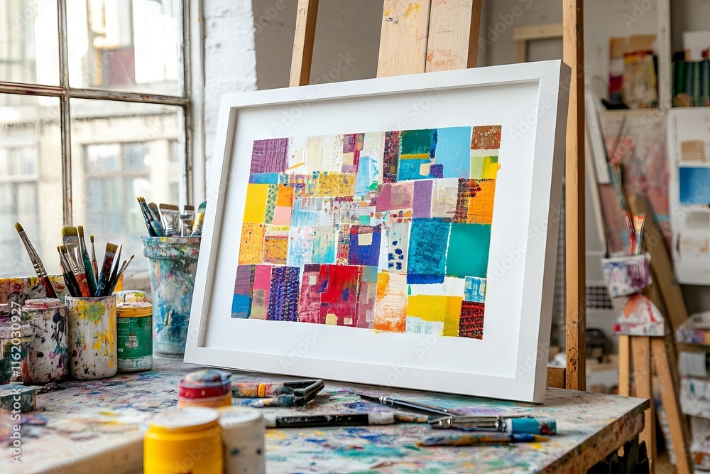 Framed patchwork collage artwork displayed on a table and wall with painting tools. AI generated illustration Framed patchwork collage artwork displayed on a table and wall with painting tools. AI generated illustration