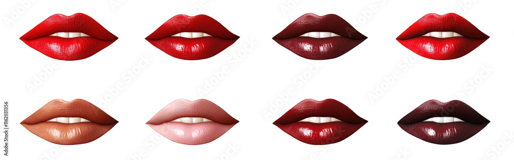 Obraz premium set of six different colors of lipstick on lips isolated on transparent background