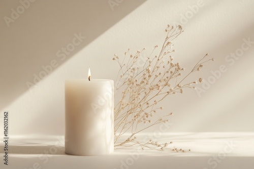 Fototapeta Naklejka Na Ścianę i Meble -  Minimalist still life with lit white pillar candle paired with delicate dried flowers on soft beige background. Natural light and gentle shadows, serene elegant atmosphere, for relaxation, mindfulness