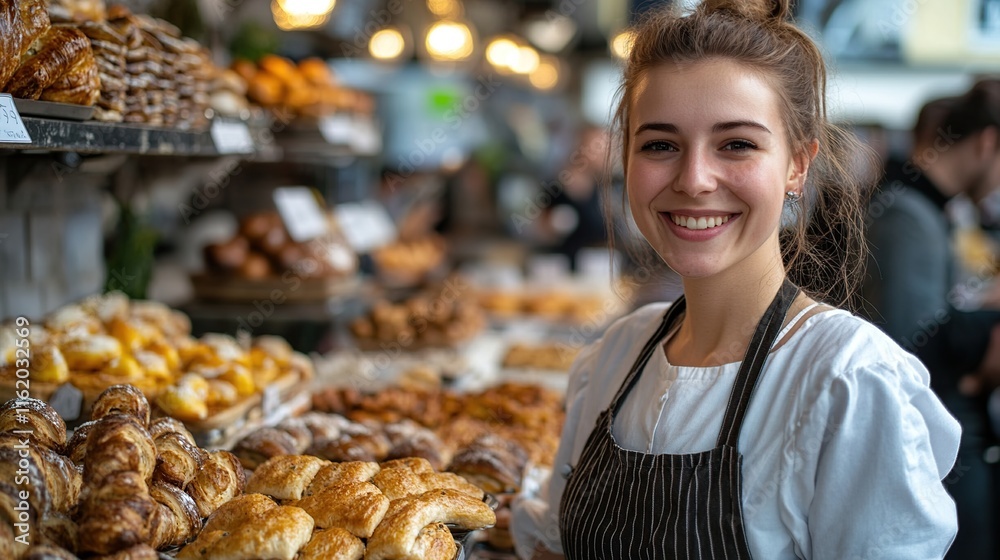 Happy young woman working at a bakery, surrounded by pastries. Happy young woman working at a bakery, surrounded by pastries.