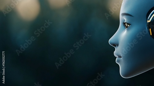 A futuristic robot face in profile, showcasing sleek lines and a serene expression, set against a blurred background.