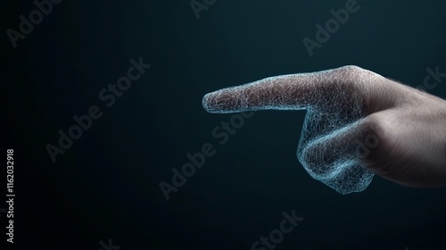 A futuristic digital representation of a human hand pointing, created with a wireframe effect in a dark setting.