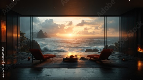 Sunset ocean view from modern minimalist living room. photo