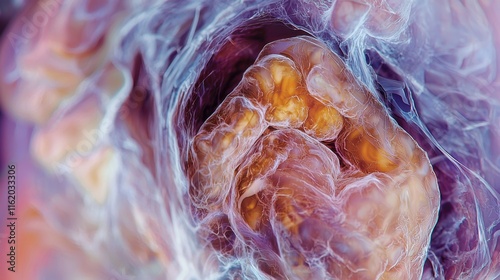 A close-up view of a colorful, intricate biological structure, showcasing textures and patterns in a deep, organic form.