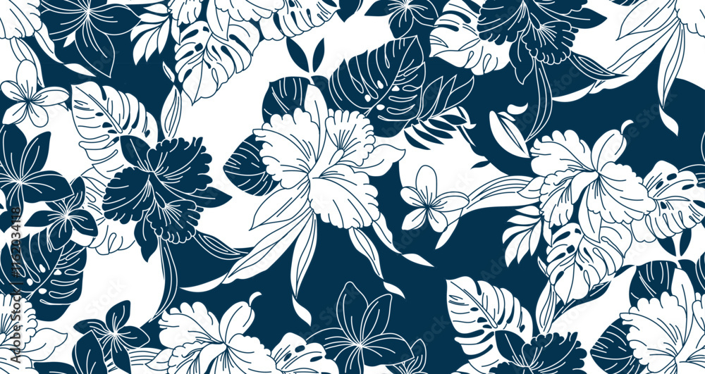 Obraz premium seamless pattern Exotic tropical flowers and leaves. artwork for fabrics, souvenirs, packaging, greeting cards and scrapbooking