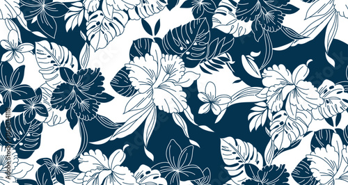 seamless pattern Exotic tropical flowers and leaves.  artwork for fabrics, souvenirs, packaging, greeting cards and scrapbooking