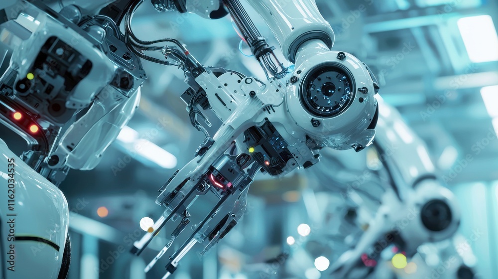 Fototapeta premium A close-up view of advanced robotic arms in a high-tech industrial setting, showcasing precision engineering and automation technology.