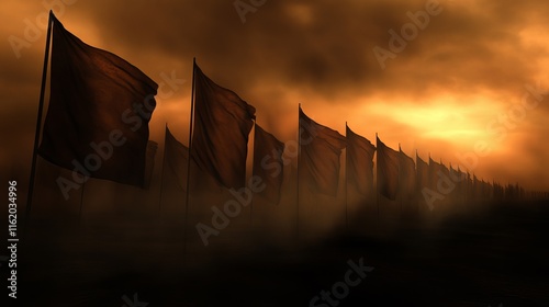 A row of dark, tattered flags waves in the wind against a dramatic sunset backdrop, creating history wars scene