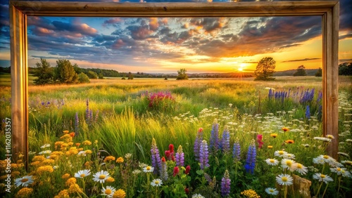 Drone captures floral meadow, watercolor effect.
