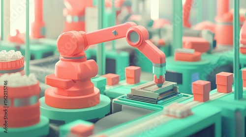 A vibrant factory scene featuring robotic arms assembling components on a colorful production line.