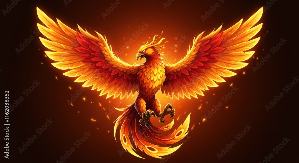 Obraz premium Phoenix Mascot, Illustration of a phoenix in fire. Symbol of rebirth. Fenix with burning wings and feathers. Firebird on black background.