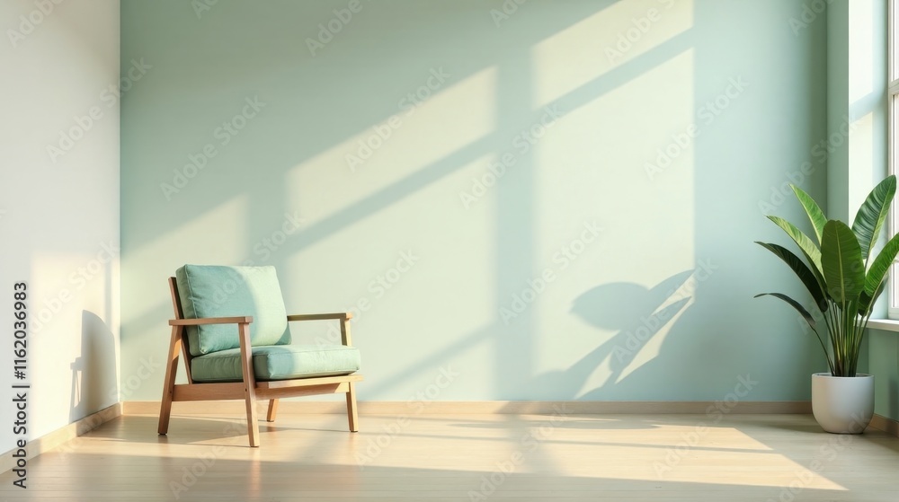 Fototapeta premium Serene Minimalist Room Interior Design Featuring a Light Green Armchair and a Potted Plant Basking in Sunlight