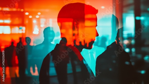 Double exposure of two people silhouetted against a blurred city crowd at night.