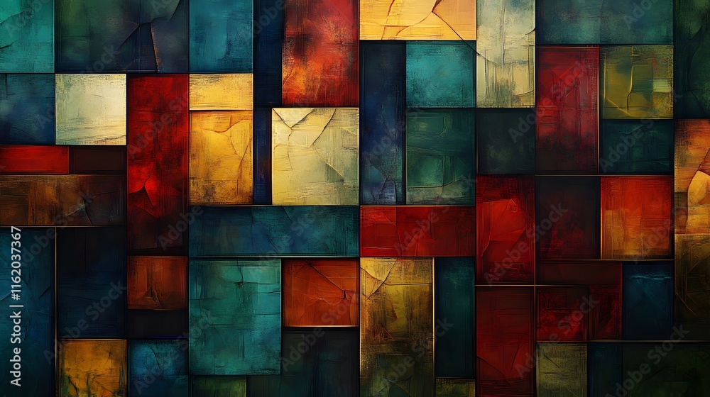 Fototapeta premium Geometric background with layered primary color rectangles forming intricate shapes