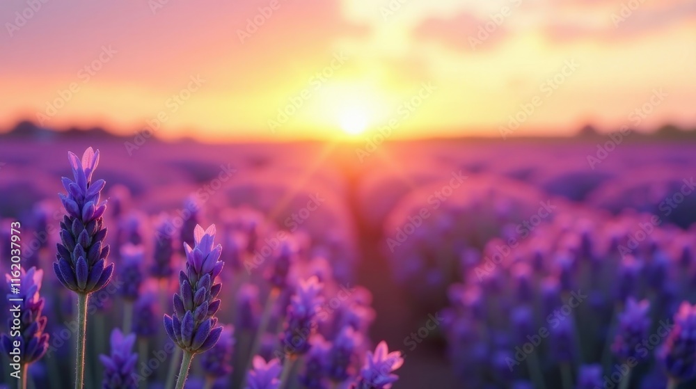 Fototapeta premium Serene Sunset Over a Field of Blooming Lavender Flowers, Bathed in Golden Hour Light