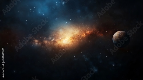 A breathtaking view of a distant galaxy with a glowing nebula and a planet nearby amidst twinkling stars.