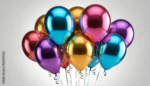Shiny helium balloons with reflective highlights on white