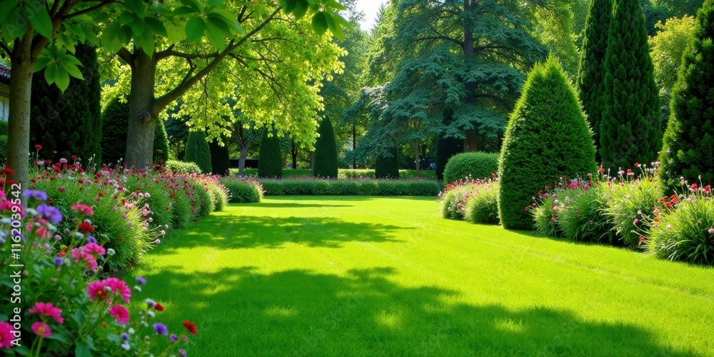 Fototapeta premium Serene Garden Landscape Featuring Lush Green Grass, Vibrant Flower Beds, and Towering Evergreen Trees