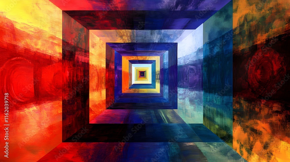 Fototapeta premium Abstract composition with primary color patterns in concentric squares