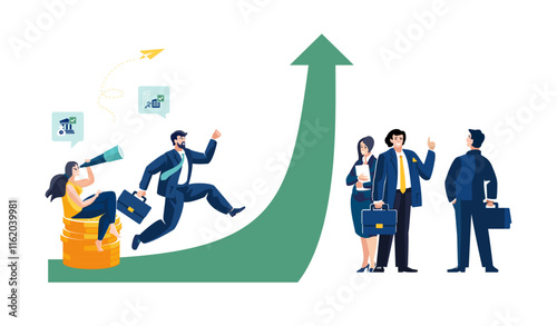 Business presentation. Businessmen and investors discuss financial development, the possibility of successful career growth. Icon with green arrow up, analytics, money, people. Vector illustration
