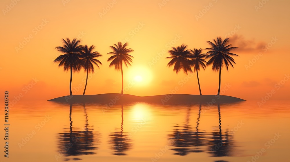 Silhouetted palm trees on a tropical island at sunset. Silhouetted palm trees on a tropical island at sunset.