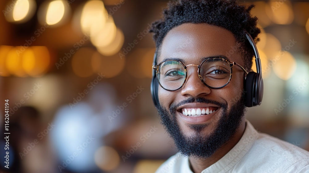 Happy smiling man wearing glasses and headphones. Happy smiling man wearing glasses and headphones.