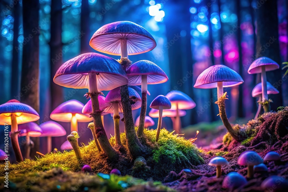 Fototapeta premium Nightfall's glow; mushrooms light a mystical forest.