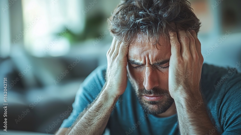 Close-up of a man with his hands on his head, appearing stressed and overwhelmed. Close-up of a man with his hands on his head, appearing stressed and overwhelmed.