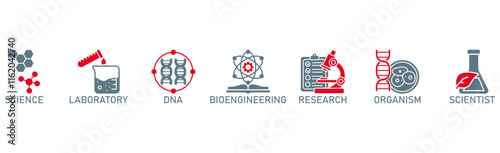 Biotechnology banner web icon vector illustration concept with icon of science, laboratory, dna, bioengineering, research, organism, and scientist