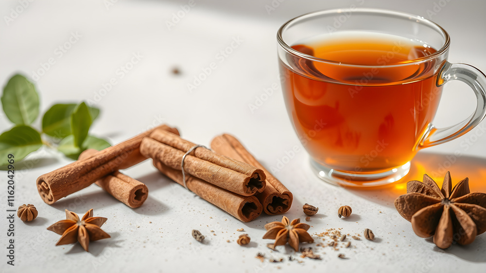 A cup of tea with cinnamon sticks and star anise on a table A cup of tea with cinnamon sticks and star anise on a table