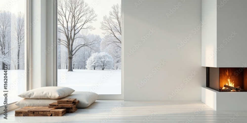 Fototapeta premium Serene Winter Scene Cozy Interior with Fireplace and Snowy Landscape Viewed Through Expansive Window