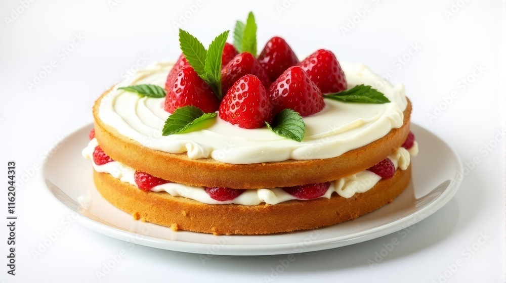 Delicious Multi Layered Cake Adorned With Fresh Strawberries And Mint Leaves on Top. Delicious Multi Layered Cake Adorned With Fresh Strawberries And Mint Leaves on Top.