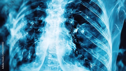 This image shows a detailed X-ray of a human ribcage, highlighting the intricate bone structure and shadows in a blue hue.