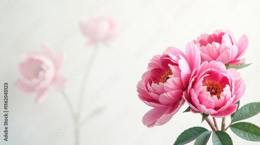 Fototapeta premium Delicate Pink Peonies in Soft Focus, a Floral Still Life Study Featuring Close-Up Detail and Blurred Background Elements for a Serene and Elegant Aesthetic