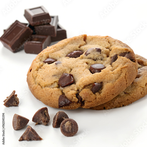 A classic, thick chocolate chip cookie with gooey chocolate chunks, placed on a clean white background photo