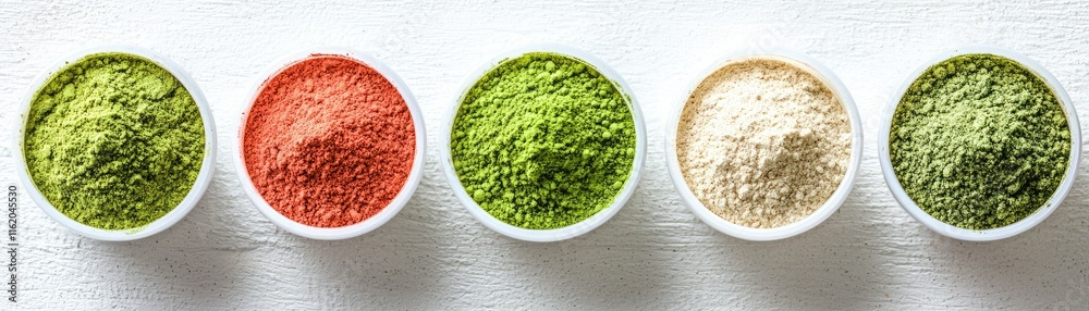 Five bowls of vibrant spices and herbs, showcasing a colorful array of green, red, and white powders, perfect for culinary inspiration.