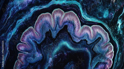 A mesmerizing abstract image showcasing vibrant colors and intricate patterns, resembling a natural formation or aerial view of a landscape.