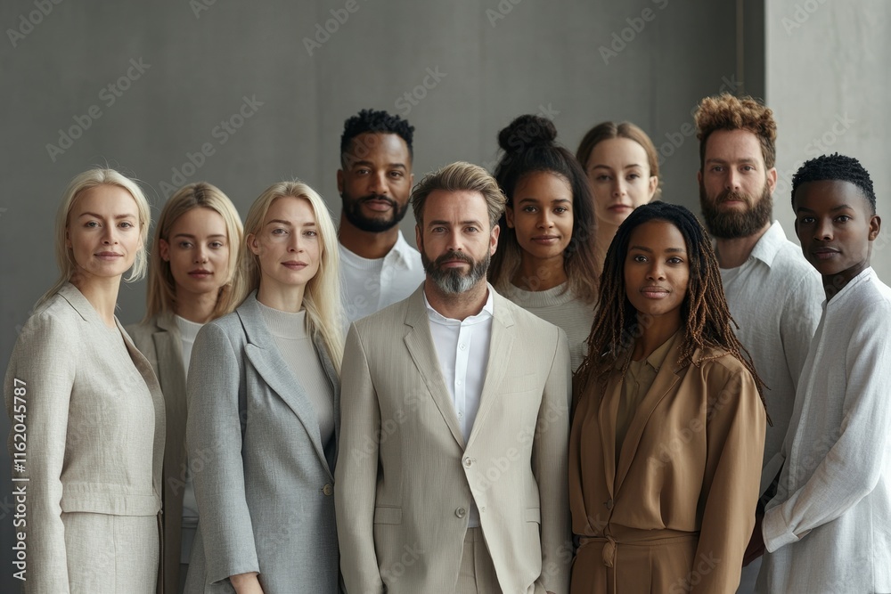 Side view smiling diverse employees team, department posing for company photo in office, happy multiracial businesspeople showing unity, standing together, motivated for business, Generative AI Side view smiling diverse employees team, department posing for company photo in office, happy multiracial businesspeople showing unity, standing together, motivated for business, Generative AI