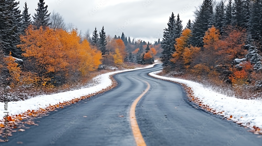 Winding Road Through Autumn Forest In Early Winter Snow Winding Road Through Autumn Forest In Early Winter Snow