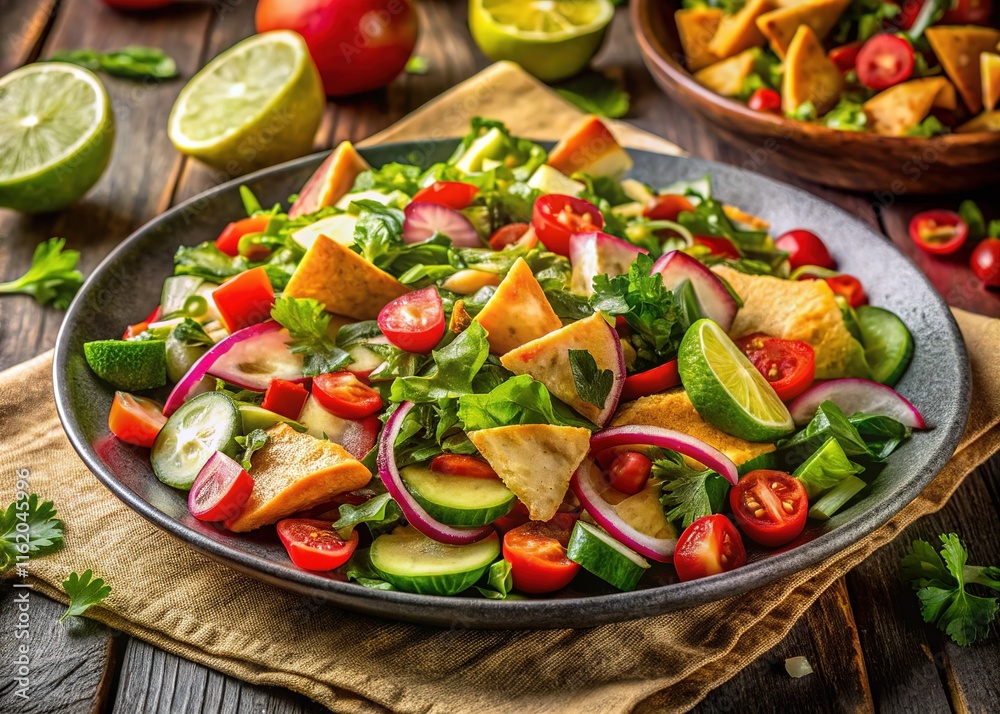 Sumptuous Middle Eastern fattoush salad, beautifully captured. Sumptuous Middle Eastern fattoush salad, beautifully captured.
