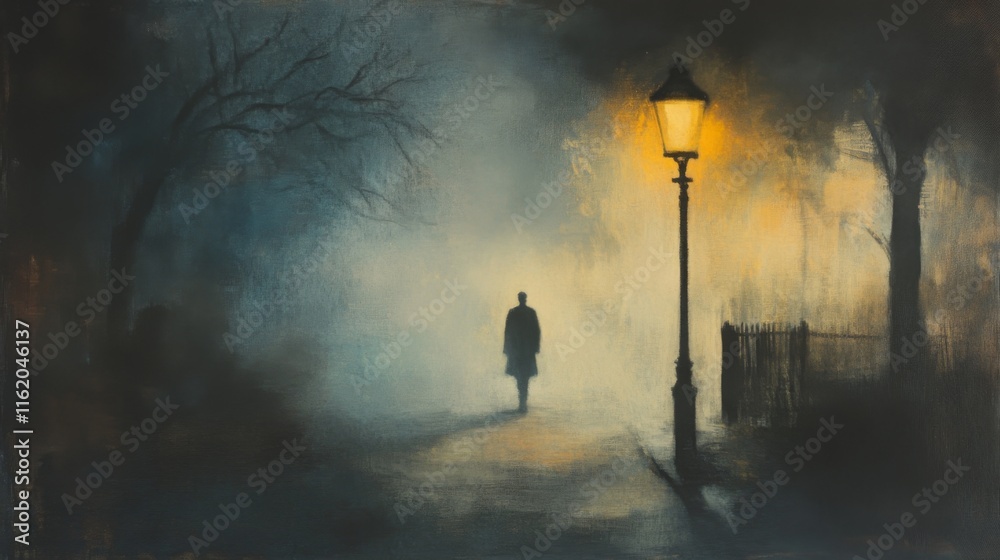 Solitary figure walking on a foggy night street, illuminated by a gas lamp. Solitary figure walking on a foggy night street, illuminated by a gas lamp.