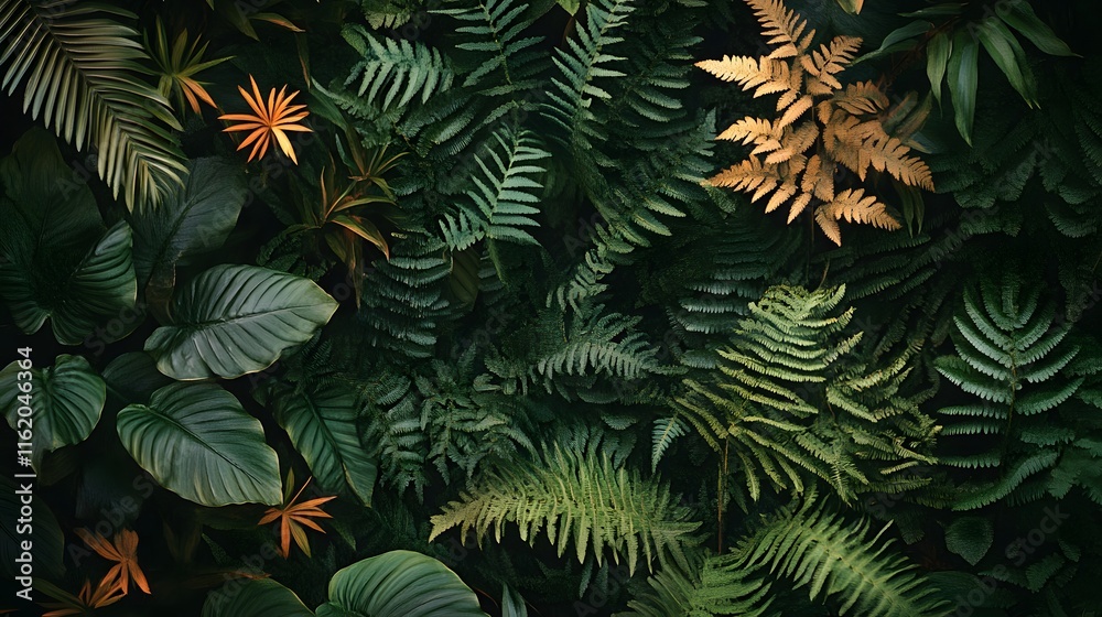 Lush Tropical Foliage Green And Orange Leaves Background Lush Tropical Foliage Green And Orange Leaves Background
